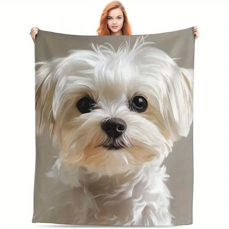 Vintage Modern Maltese Dog Print Plush Blanket, 100% Polyester, Soft Lightweight, Machine Washable, All-Season Use, Digital Printing, 50in*60in, Home Sofa Decoration, Soft Blanket Vibes, 50Inch*60Inch