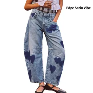 Women's Wide-Leg Loose Vintage Print Boyfriend Style Horseshoe-Shaped Jeans