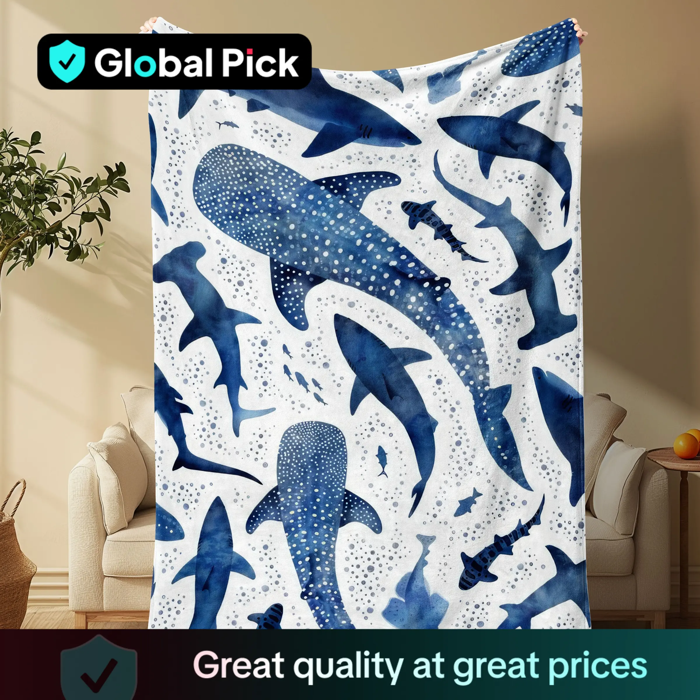 Shark Pattern Blanket, 1 Count Soft Warm Throw Blanket, Air-conditioned Room Blanket, Warm Nap Blanket for Home Office Travel