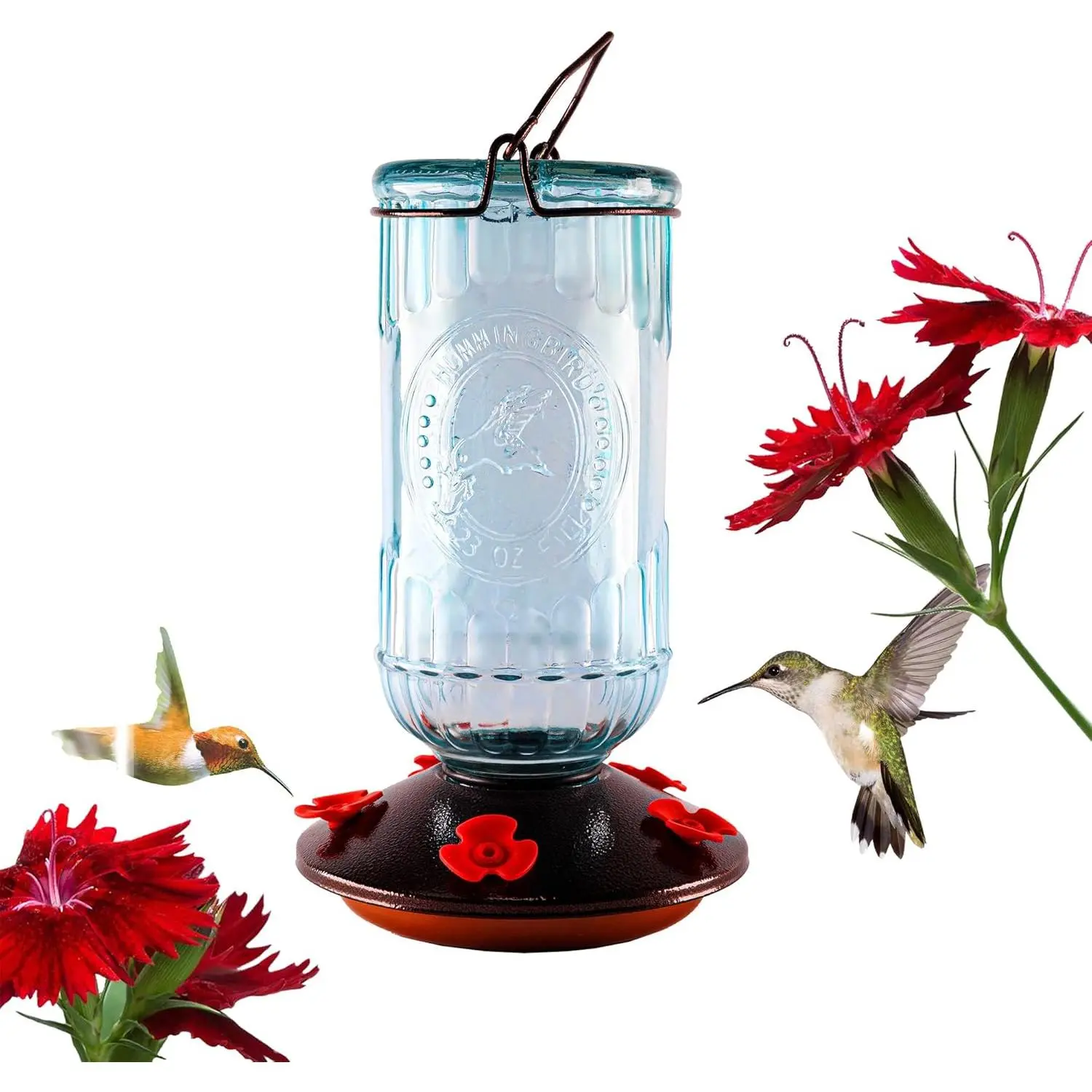 Bird Feeder  Blue Antique Glass Bottle Hummingbird Feeder 5 Feeding Ports and 23-Ounce Nectar CapacityPer Feeder(Blue)