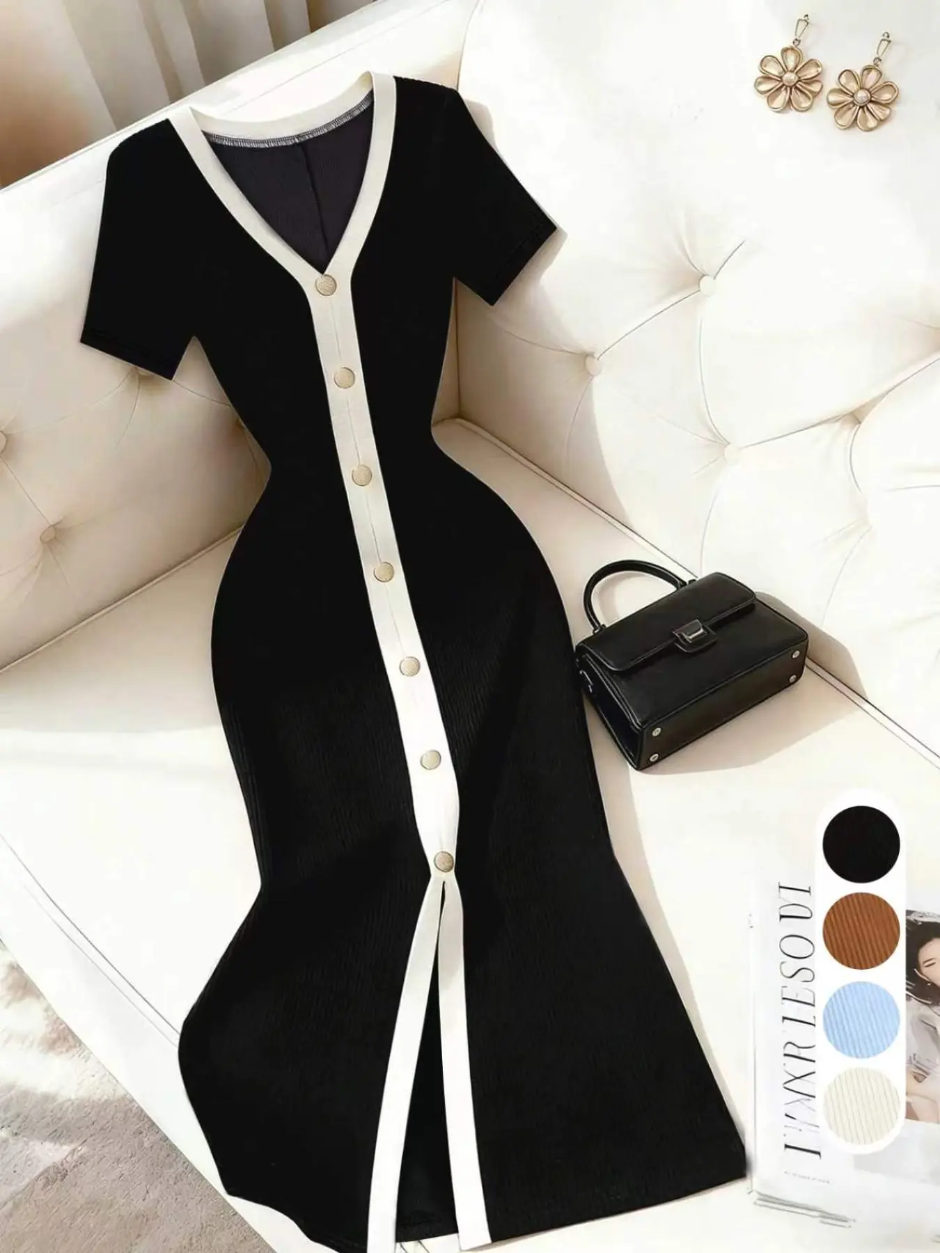 Elegant Knit Dress, Chic, Knitted, Short Sleeve Long Dress, Solid Color, Slim Fit, High Waist, French Style, Casual Wear, Office Wear, Date Night, Tea Time, Pear Shape
