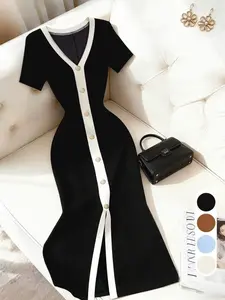 Elegant Knit Dress, Short Sleeve Long Dress, Solid Color, Slim Fit, High Waist, French Style, Office Wear, Date Night, Tea Time, Pear Shape