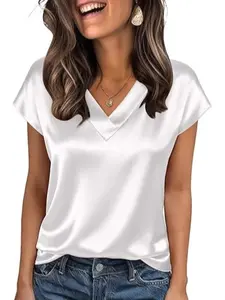 Women's V-Neck Satin Smooth Casual Top, 2026 Spring Summer New Fashion, Comfortable Women's Shirt, Stylish Daily Wear