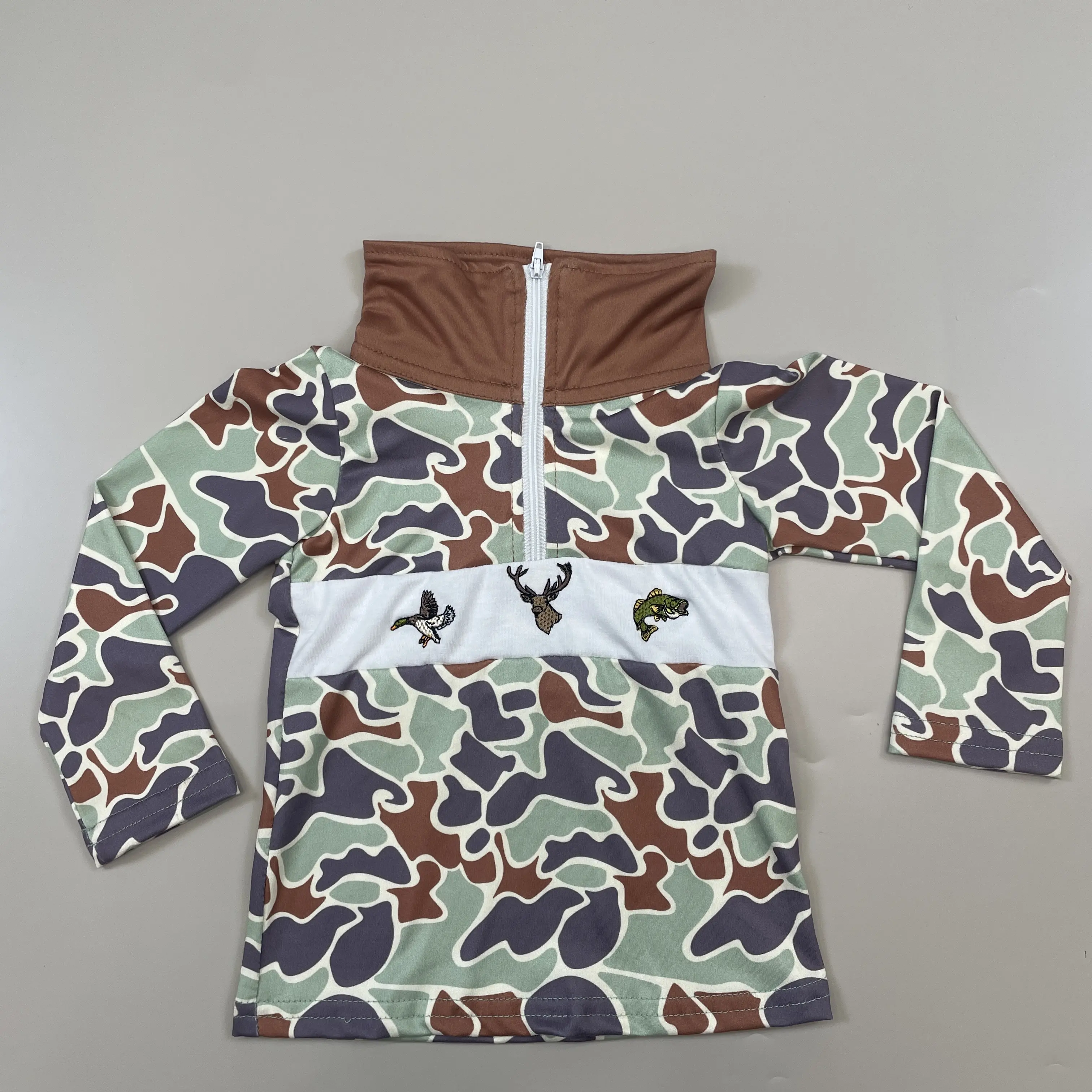 Boys' Camouflage Half-Zip Pollover, Hunting Clothing for Deer & Mallard Scenarios, Long Sleeve Camouflage Hoodie Kids' Top, Long Sleeve Tops, Medium Stretch, Spandex Blend