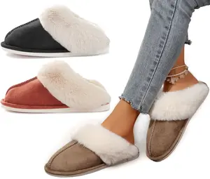 Fuzzy House Slippers for Women Fluffy Memory Foam Suede Slippers with Faux Collar Indoor Outdoor