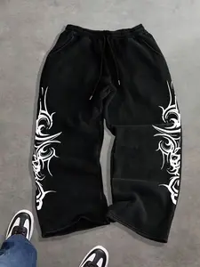 Men’s Edgy Streetwear Sweatpants - Black Baggy Pants with Tribal Skull Print, Loose & Comfortable for Daily Wear