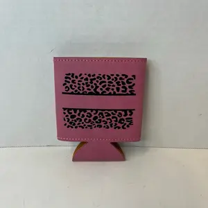 Pink Leatherette Koozie Cheetah Print Design - Message to Personalize - Perfect for Events and Gifts for Her