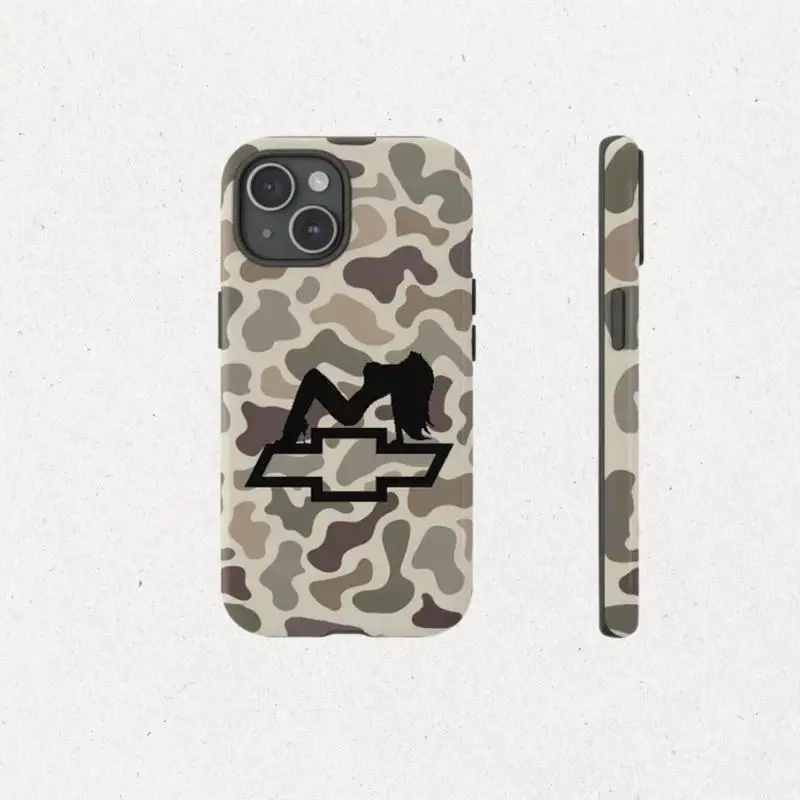 Camo Chevy Girl Phone Case, Sexy Silhouette Bowtie Logo, Hunting Style Cover, For iPhone Samsung,Phone Case Protection, Shockproof For IPhone 17-12, Pro Max, Pro Plus, and Samsung S25 24 23 Safety Case