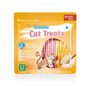 12pcs Nutritious Cat Treats, Grain-Free, Lickable, Squeezable Creamy Cat Treat/Topper, 3 flauors