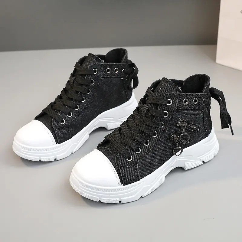 Ladies' Thick soled Shoes - Casual high top lace up shoes with thick sole, thick sole heel, and arch support, featuring a year-round casual street style, round toe, cushioned EVA insole and arch support, durable rubber outsole