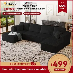 【New Year Sales】 Niccae 132'' U-Shape Oversized Cloud Couch – Corduroy Modular Sectional Sofa with 4 Large Cushions and 2 Small Pillows, No Assembly Needed, Deep Seat Boneless Upholstered Couches for Living Room, Cozy & Stylish