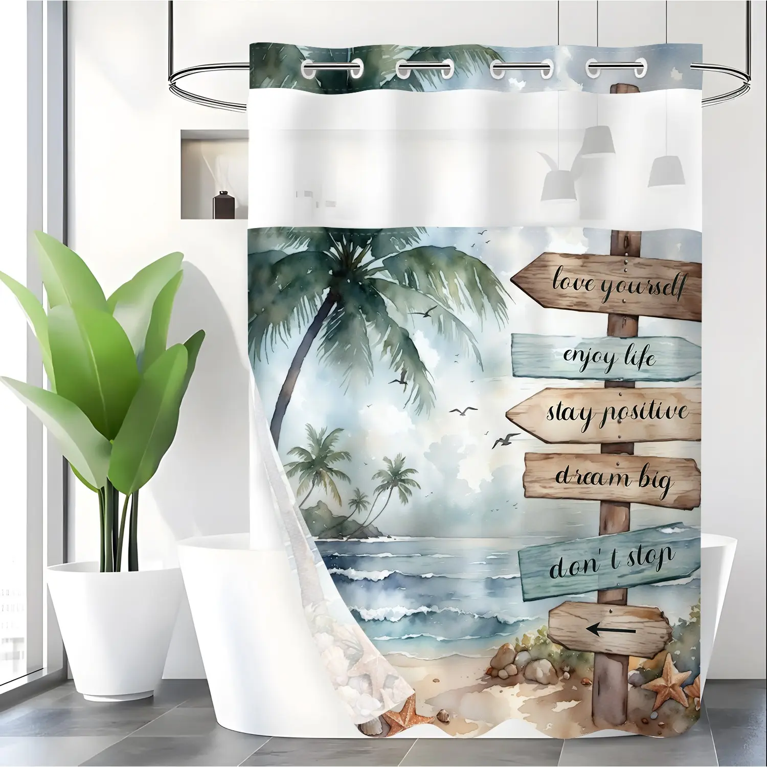 LVRLVR 1pc Watercolor Vacation Style Beach Palm Tree Inspirational Sign Ocean Pattern Polyester Double Layer Lined Bathroom Aesthetic Shower Curtain 70.874 Inches/180188cm