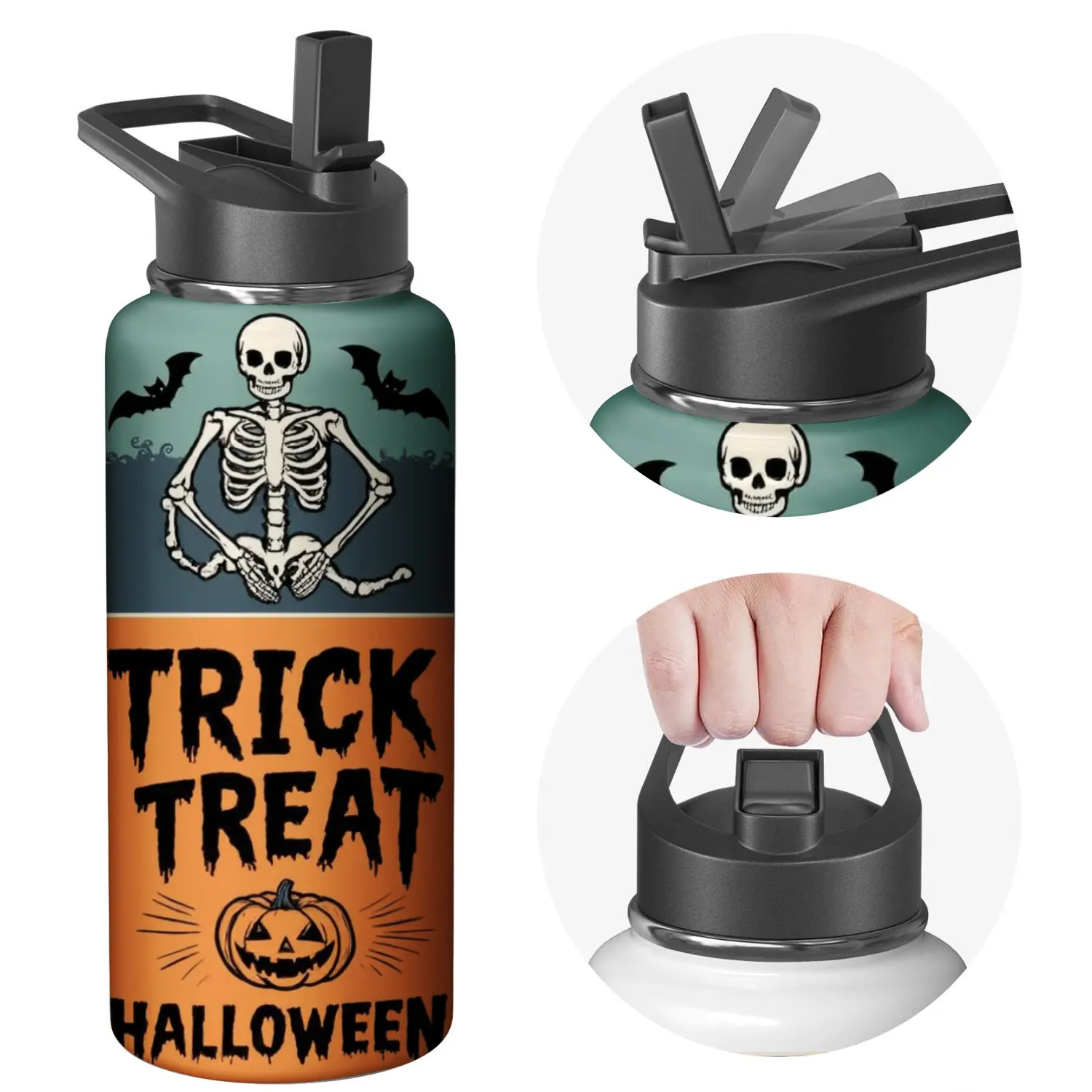 Halloween Water Bottle with Flip Lid - Black and Orange Skeleton and Pumpkin Design, Trick or Treat Text - Perfect for Halloween Parties, Outdoor Activities, and Daily Use