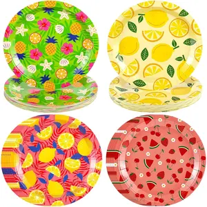 FoldTier 100 Pcs 9 Inch Fruit Paper Plates, Summer Disposable Dessert Plates, Dinnerware Set Platters Pineapple Watermelon Table Decorations for Cake Salad Fruit Party Supplies, 4 Styles