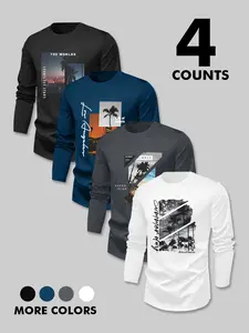 Men's Round Neck Long Sleeve Casual Letters Print Fitted T-Shirt, Fall & Winter Moderate Fabric H-Type Silhouette Regular Fit Top