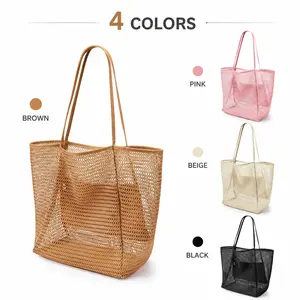 FEITAI Large Capacity Mesh Tote Beach Bag,Folding Shopping Bag, Summer Outdoor Travel Bag,Soft Casual Crochet Bags