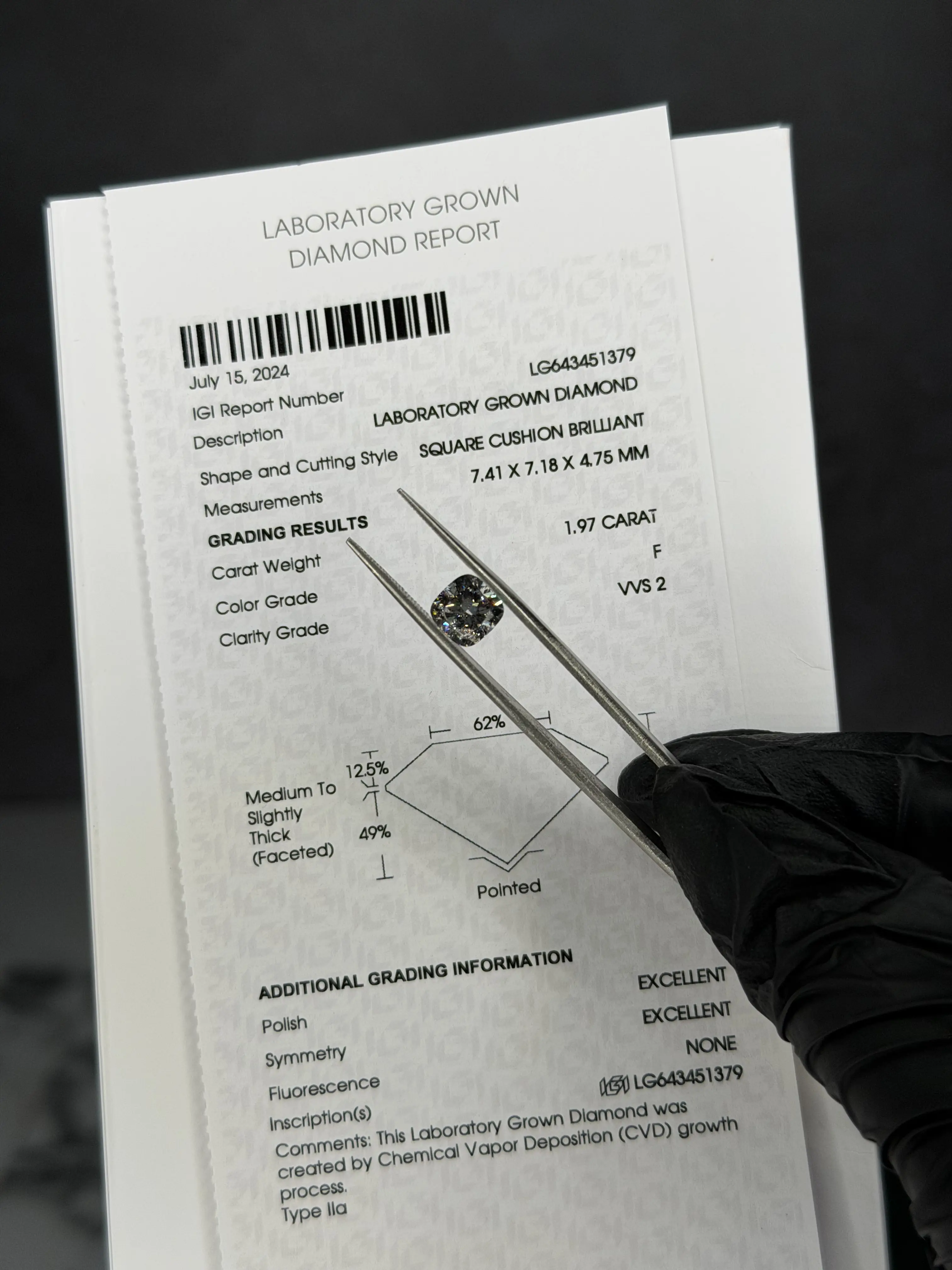1.97 Carat F Color VVS2 Brilliant Square Cushion Lab Grown Diamond