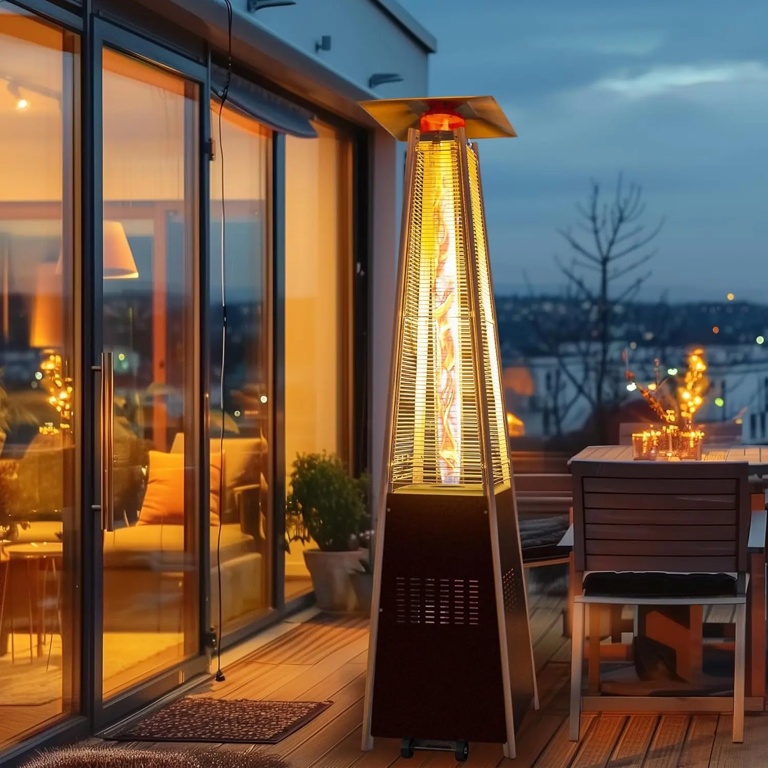 Brown Rattan-Steel Flame Pyramid Pool Heater, 89.4 Inch Portable Unit with Triple Safety Protection, Fade-Resistant Fabric Patio Cover, Warm Glass Tube, Durable Wheels, Custom-Like Fit Design, Hammered Bronze, Pulse Ignition