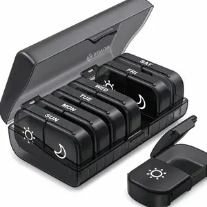 XL Weekly Pill Organizer - 2 Times a Day Pill Box with One-Side Large Openings Black Privacy Protection AM/PM Case for Healthcare and Aids