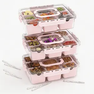 3 Pack,Pink Divided Serving Tray with Lid and Handles 9 Compartments Snack Box Container Charcuterie Organizer Snackle Box Container for Candy,Nuts,Fruits,Snacks
