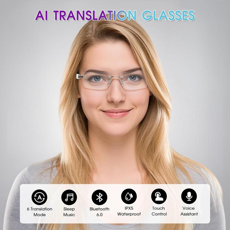 AI Translation Glasses, Bluetooth Eyeglasses with Real-Time Translator for 164 Languages, Photochromic Spring Hinge Bluetooth Glasses with Speakers, Rimless Smart Glasses for Travel/Work/Study(Silver)