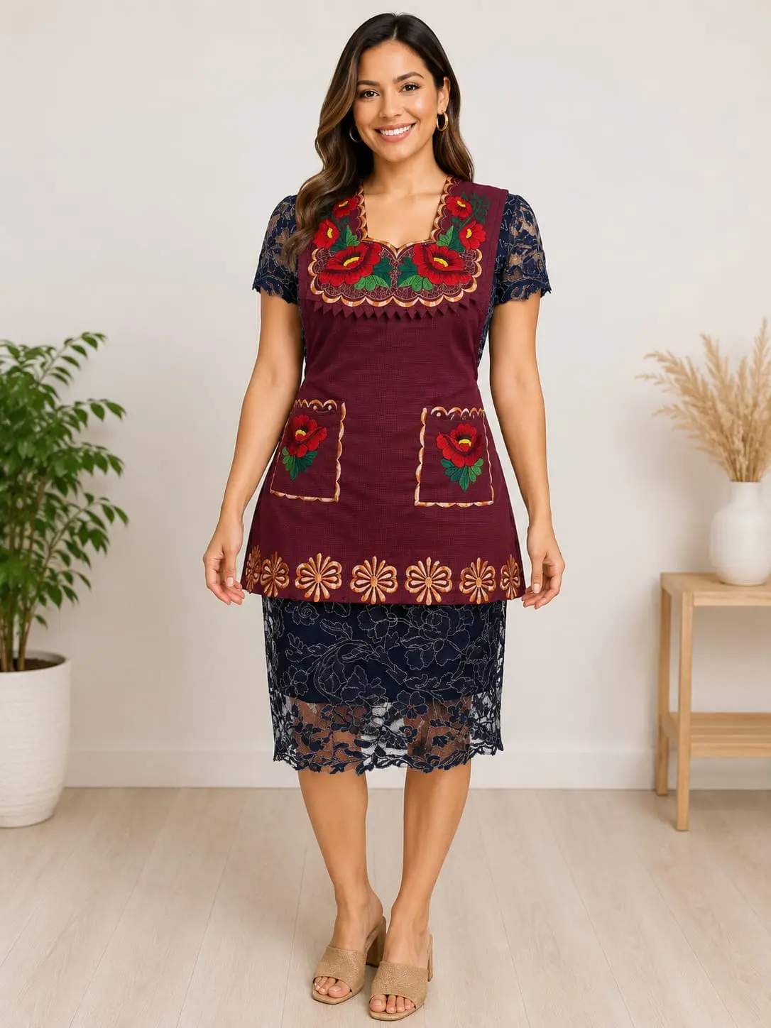 Oaxacan Embroidered Apron – Red Flowers