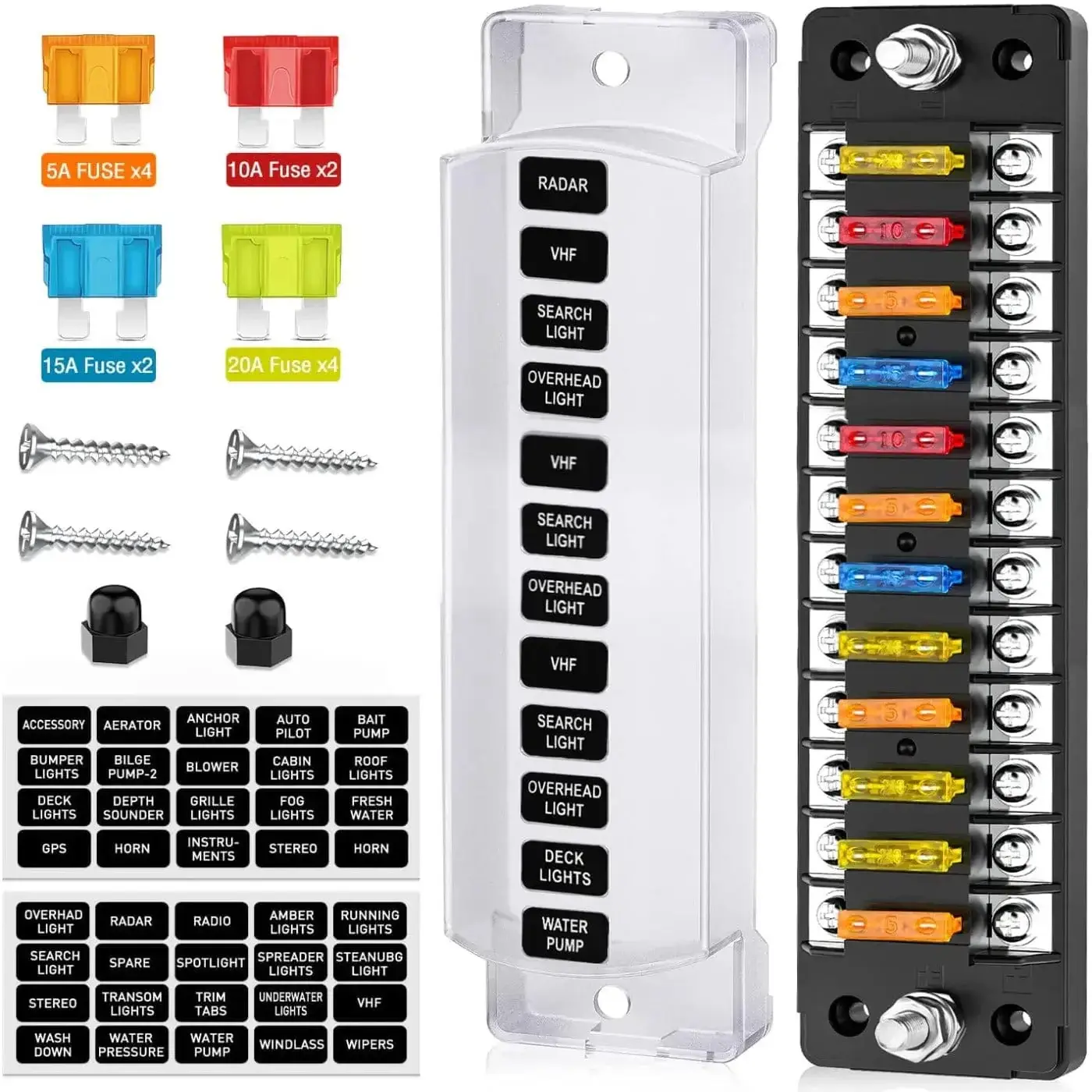 Nilight 12-Way 12V Blade Fuse Block with Negative Bus, ATC/ATO Standard Holder, Waterproof Cover, Label Stickers & Panel, Stainless Steel & Copper Build, Fault Isolation for Car LED Lights, Trucks, Boats, Diy