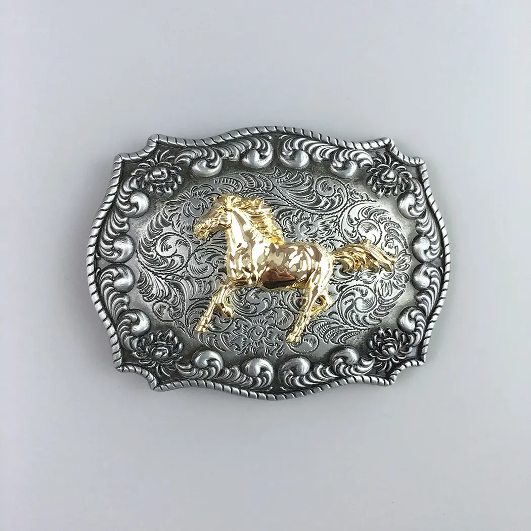 Vintage Style Silver Gold Double Color Running Horse Western Belt Buckle