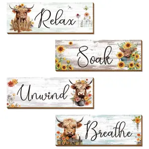 Wooden Letter & Cow Pattern Sign, 4pcs/set Rustic Design Farmhouse Wall Decor, Wall Hanging Decor for Home Living Room Bedroom Dining Room Kitchen