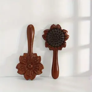 Natural Wood Scalp Massage Hairbrush, Flower Design Air Cushion Comb for Daily Grooming