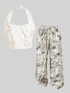 Women's Y2K Summer New Sexy 2-Piece Set, Cartoon Print Crop Top Sleeveless + Camo Branch Dye Wide Leg Pants, Casual Outdoor Sports & Party Wear