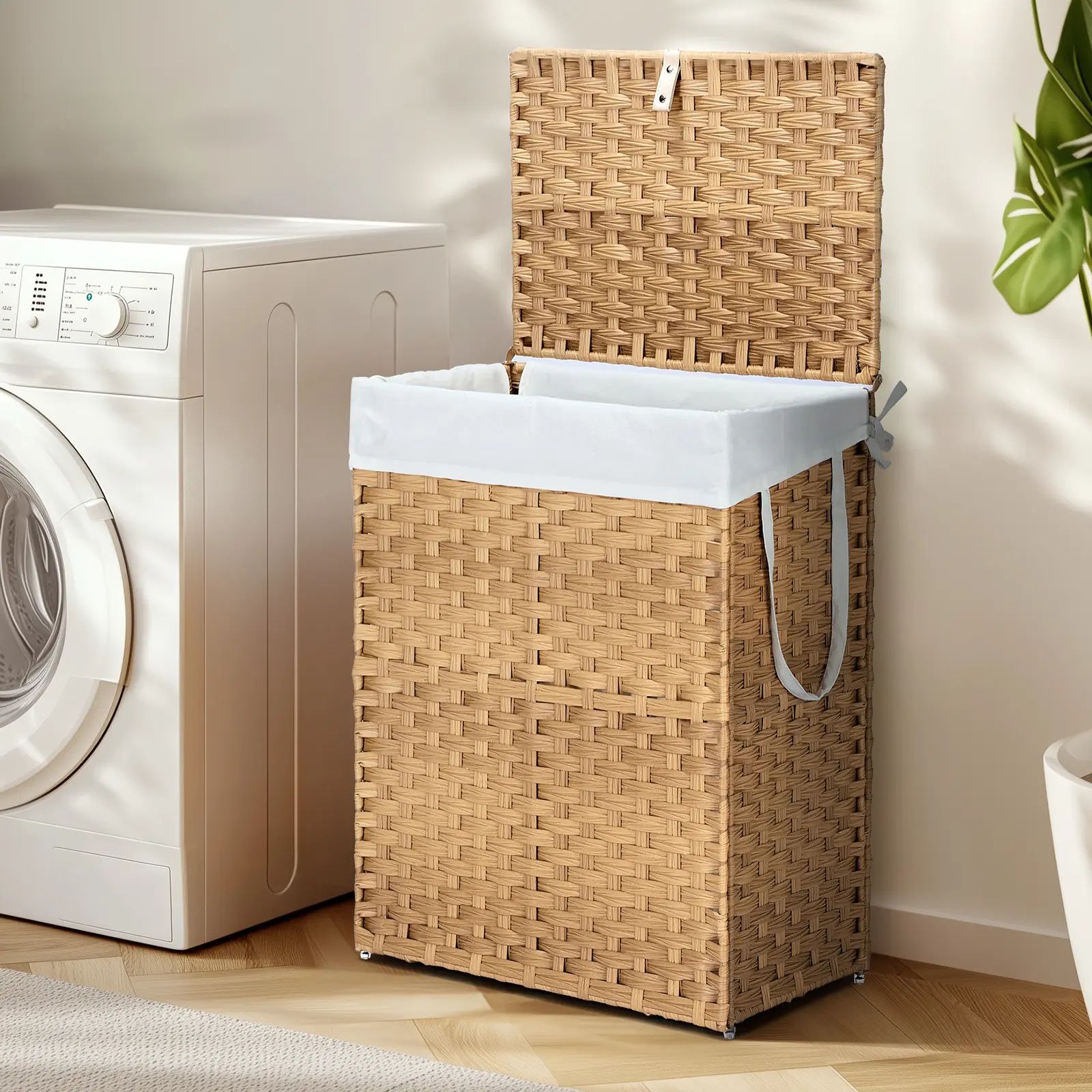 Space-Saving Foldable Laundry Hamper - Hand-Woven PP Rattan with Odor-Resistant Liner | Narrow Design for Small Spaces, 90L & 110L Capacity (Mustard Yellow/Slate Grey)