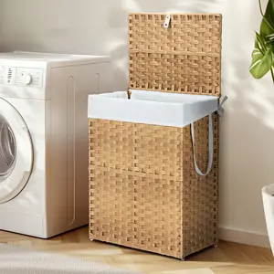 Space-Saving Foldable Laundry Hamper - Hand-Woven PP Rattan with Odor-Resistant Liner | Narrow Design for Small Spaces, 90L & 110L Capacity (Mustard Yellow/Slate Grey)