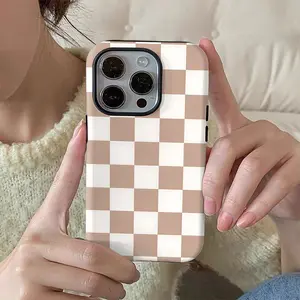 Phone Case - Two-In-One Film Case with a Brown And White Plaid Design - a Robust, Dual-Layer Case Offering Excellent Protection, Built to Withstand Drops - Compatible with for Iphone 16, 15, 14, 13, 12, 11, 8, 7, X, XS, XR, Plus, Pro, Max