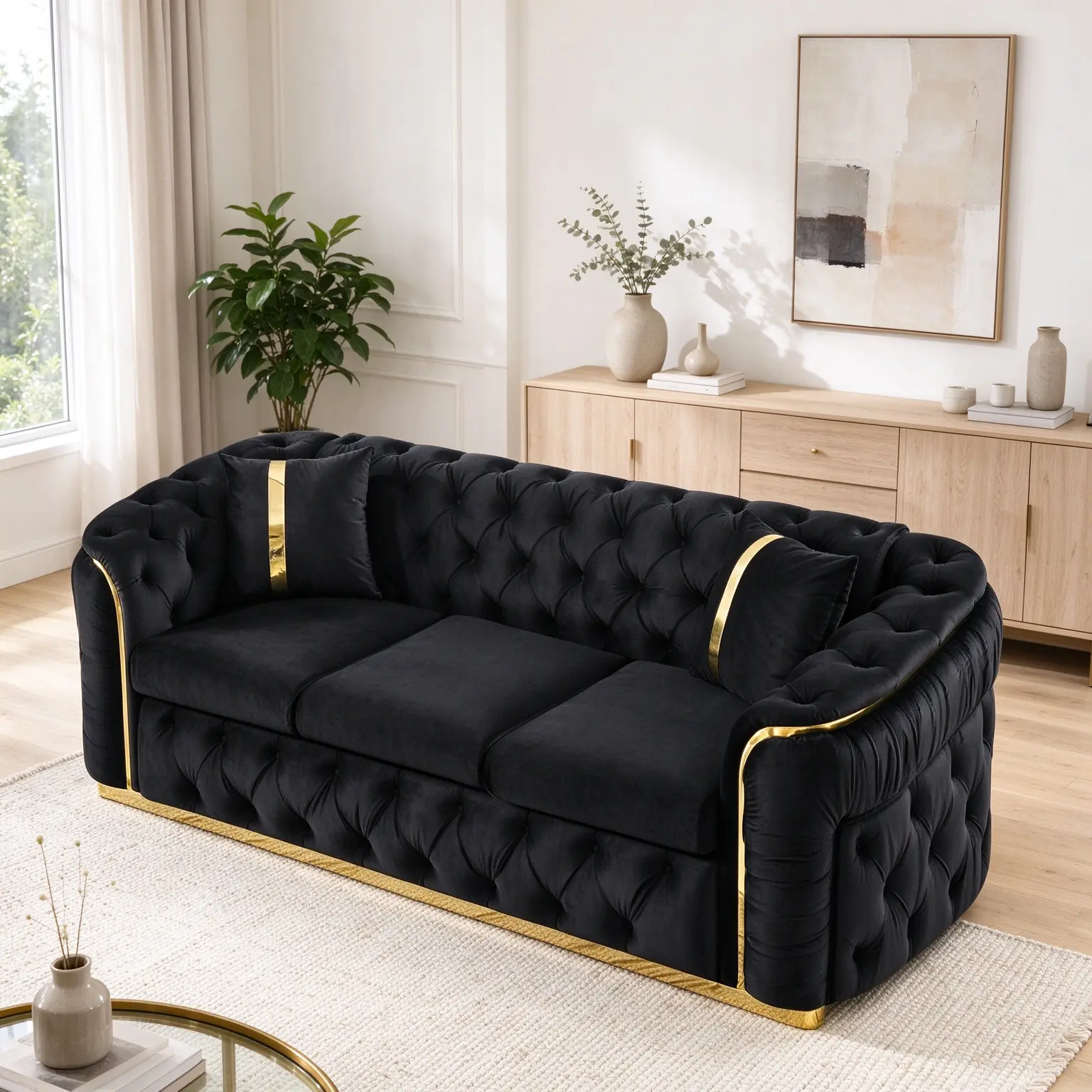 Luxury Italian Velvet L Shape Sectional Sofa - 3-Seat Combo Item, 90.6x35.5x31.5 Inches, 280g Black Fabric, Button-Tufted, 2 Pillows, Gold Stainless Steel Accents, Sponge Cushioning, 140 lbs Indoor Metal Frame, Assembly Required, Living Room Furniture