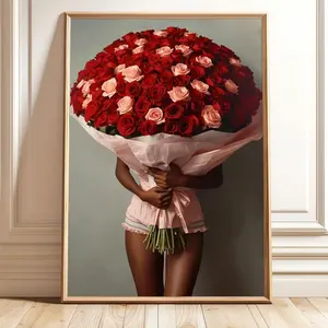 Black Woman Roses Bouquet Art Print, Melanin Magic Wall Decor,  Poster Afrocentric Home, Black Girl Art, Floral Printable