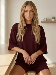 S-4XL Womens 2 Piece Loungewear Sets Oversized T-Shirts & Fitted Biker Shorts Matching Outfits Casual Summer Clothes Short Sleeve Round Neck Tops Workout Activewear Sleepwear