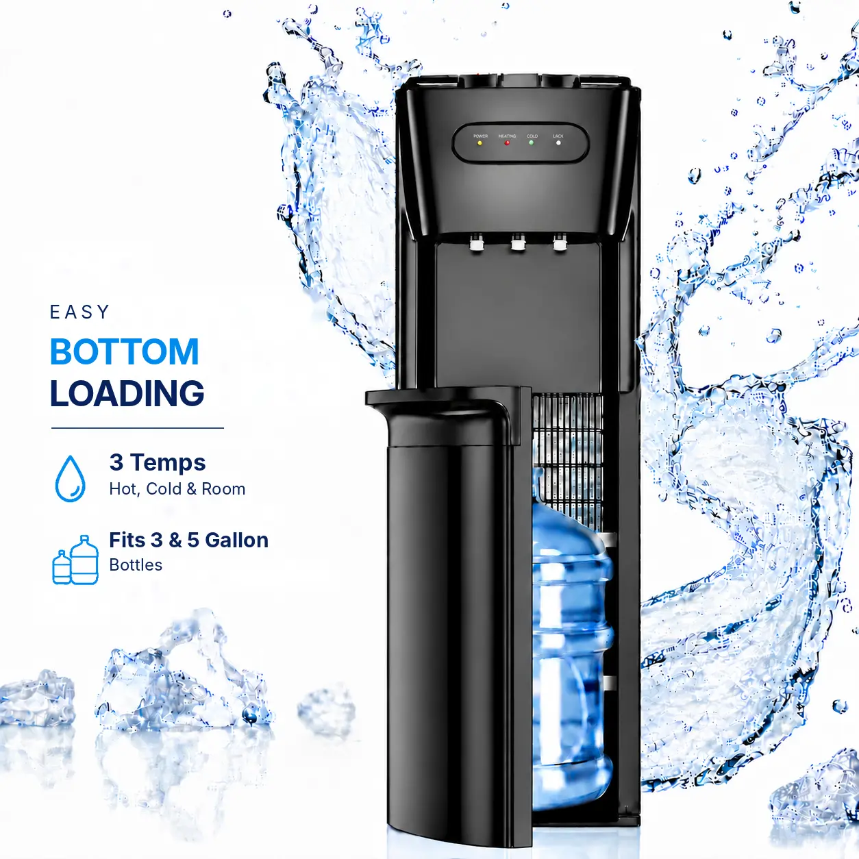 TEHANLD Bottom Loading Water Dispenser - Kitchen Appliances, 3 Temperatures, Compressor Cooling, 3/5 Gal Bottle Fit, Child Safety Lock, 6.5L/H Heating Keeps Coffee Ready, Black for Home & Office