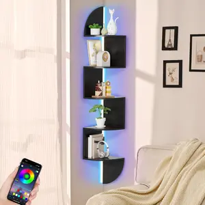 5 Tier Corner Bookshelf with LED Light, Wall Mounted Floating Corner Shelves, Display Stand for Bedroom Living Room Bathroom Home Office, Black
