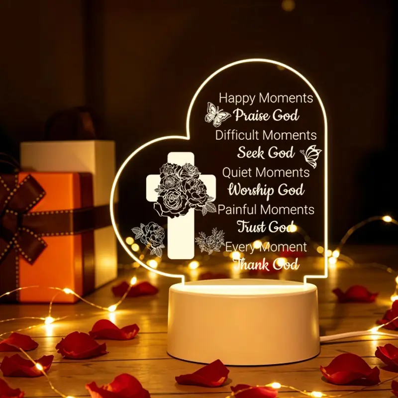 Heart Shape Cross Floral Engraved Acrylic Night Light Warm LED Desk Lamp Religious Inspirational Keepsake Gift for Easter Christmas Baptism Birthday Confirmation Faith Present for Christian Friends Family