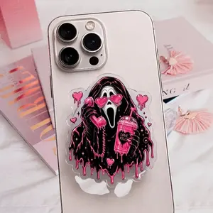 Creepy Cute Pink Horror Character Acrylic Phone Grip | Aesthetic Pastel Goth Clear Griptok Collapsible Stand Holder