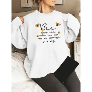 Women's Bumblebee Print Crew Neck Sweatshirt - Long Sleeve Bee Themed Graphic for Beekeeping Events & Casual Winter Wear (Bee Phrases Design) Soft Comfortable Fashion Sweatshirt