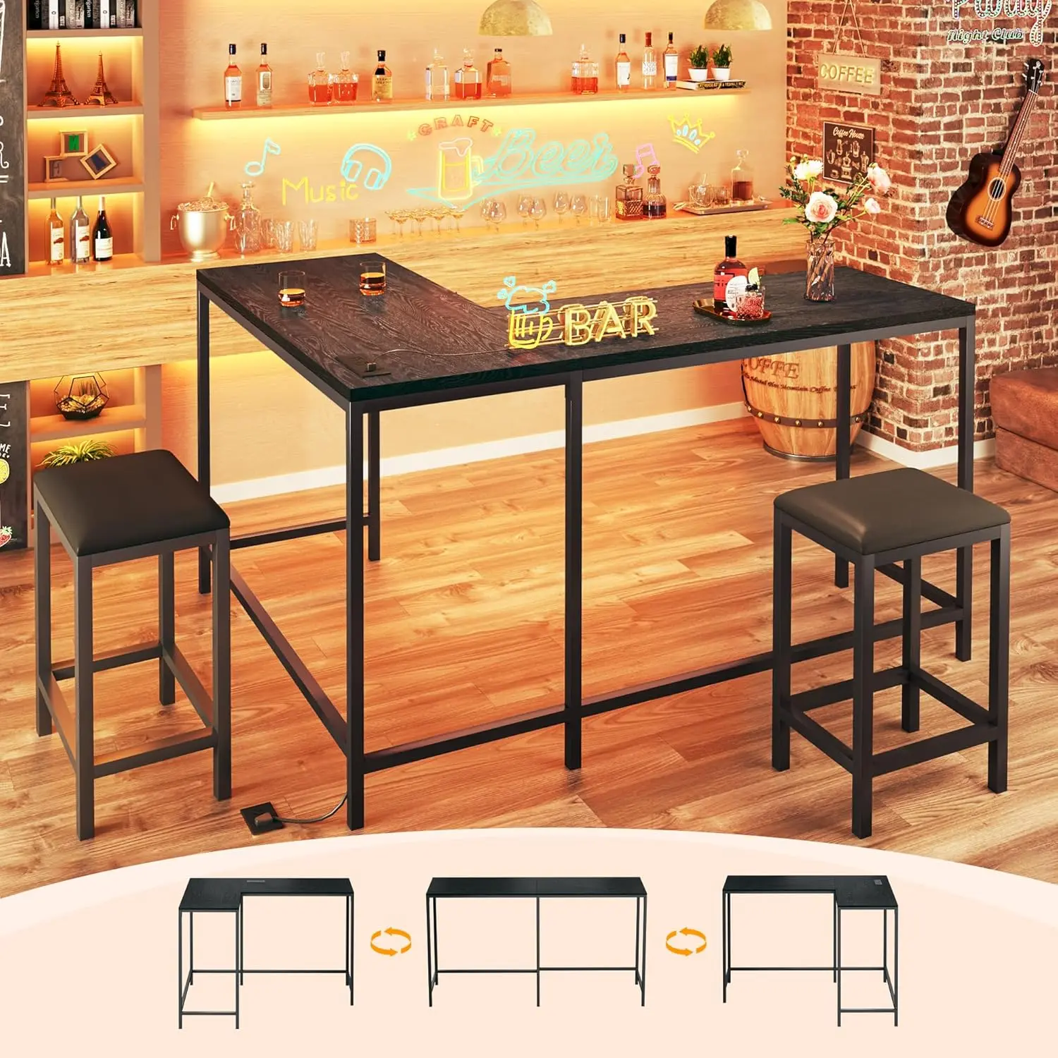 【Summergarden】Bar Table and Chairs Set for 2-4, 63'' Convertible L-Shaped Kitchen Table with Power Outlets, 3 Piece Counter Height Small Dining Table with 2 Stools, Space Saving, Breakfast Nook Corner, Black
