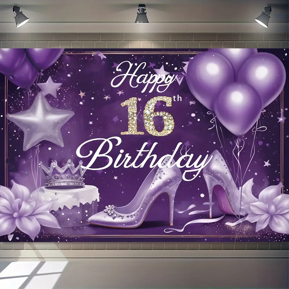 1-Piece Purple Background Crown High Heels 16th Birthday Vinyl Backdrop Banner, Holiday Party Wall Sign for Photography (No Accessories Included)