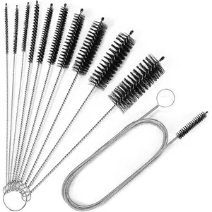 Cleaning Brushes Set, 10 count 8 Inch Nylon Tube Brush + 60 Inch Flexible Long Drain Brush, Hose Pipe Brush, Suitable for  Kitchen, Bathroom, Fish , Water Pump Accessories (Black)