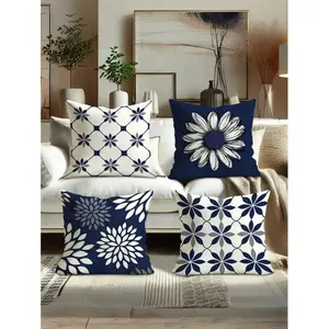 4pcs Modern Geometric Floral Pattern Throw Pillow Covers - Soft Velvet Material, Blue & White Color, 17.7 X 17.7 Inches, Zippered, Suitable For Living Room And Bedroom Decor - Pillow Inserts Not Included, Autumn Decor, Room Decor