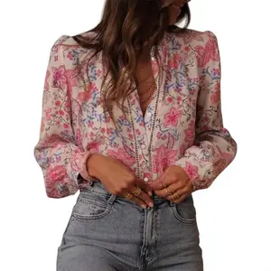 Women's Romantic Floral Eyelet Blouse - Elegant Lace Trim V-Neck Top, Chic Boho Puff Sleeve Summer Shirt, French Girl Style Pastel Vacation Blouse for Daily Wear 2026