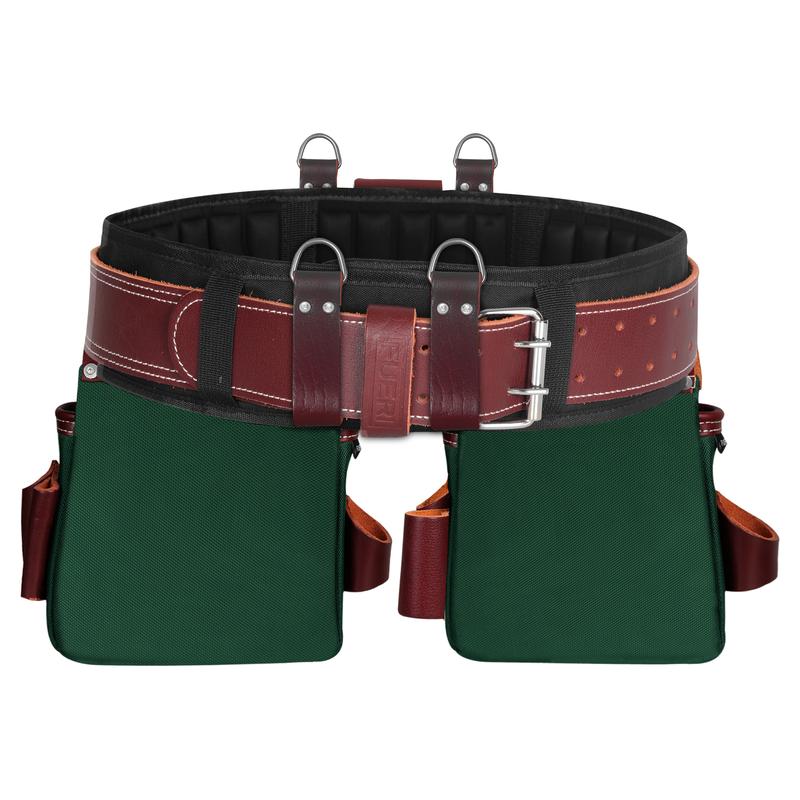 FUERI Heavy Duty Tool Belt for Men 26 Pockets Green & Maroon Nylon Leather Organizer Carpenter Construction Electrician Framing Belt Bag Pouch