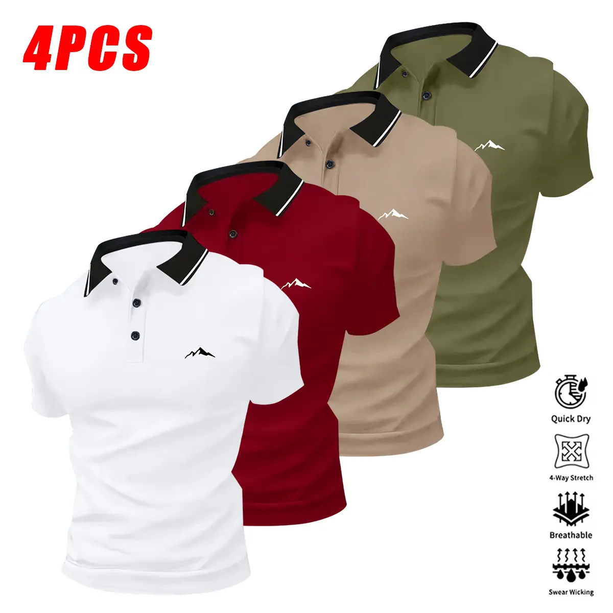 4-pack men’s short-sleeve polo shirts with unique printed collar and sleeve cuffs, pocketed slim fit golf polo shirts, breathable casual business summer T-shirt tops for men