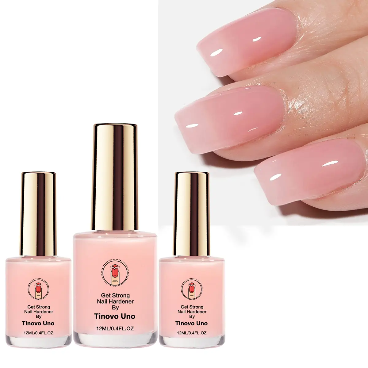 Tinovo Uno 3-Pack Blush Pink Cosmetic Nail Hardening Agent, 0.41 oz Natural Transparent Glossy Polish Treatment for Brightening & Nail Art
